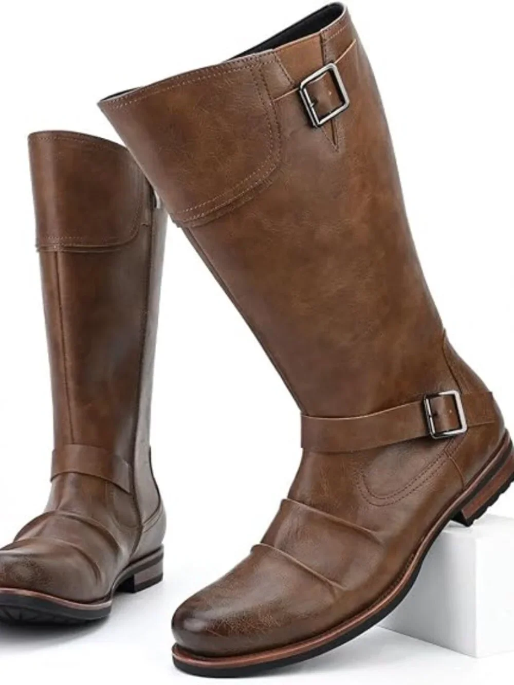 Men's Riding Boots Mid-Calf Adjustable Buckles Motorcycle Biker Boots